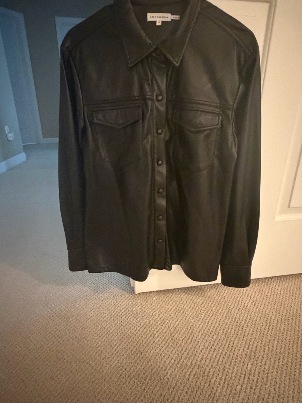 Good American Black Faux Leather Button-Up Shirt Jacket